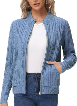 KANCY KOLE Women's Zip Up Cable Knit Sweater Long Sleeve Open Front Cardigan Warm Cardigan with Pockets Outwear Coat