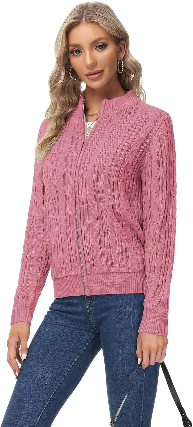 KANCY KOLE Women's Zip Up Cable Knit Sweater Long Sleeve Open Front Cardigan Warm Cardigan with Pockets Outwear Coat