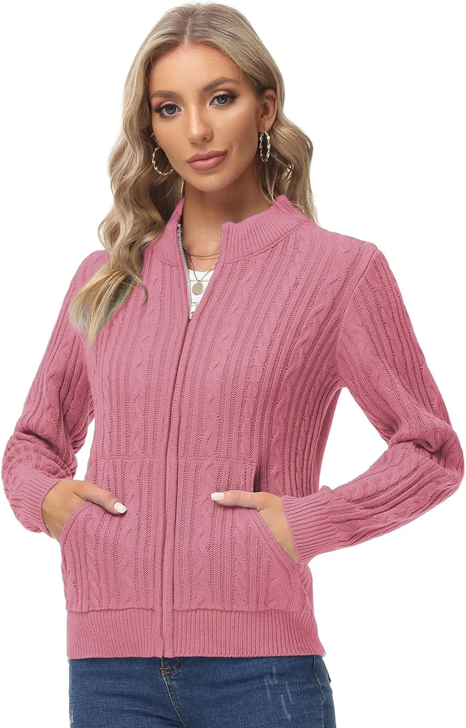 KANCY KOLE Women's Zip Up Cable Knit Sweater Long Sleeve Open Front Cardigan Warm Cardigan with Pockets Outwear Coat