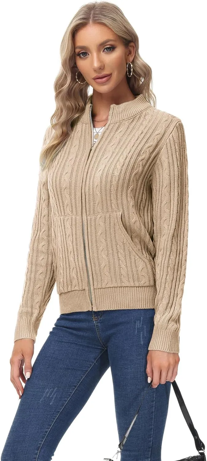 KANCY KOLE Women's Zip Up Cable Knit Sweater Long Sleeve Open Front Cardigan Warm Cardigan with Pockets Outwear Coat