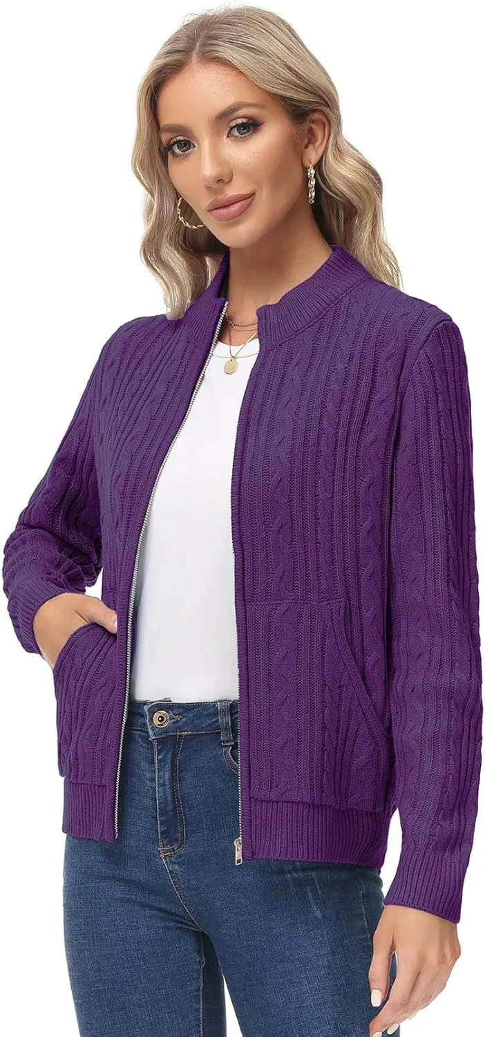 KANCY KOLE Women's Zip Up Cable Knit Sweater Long Sleeve Open Front Cardigan Warm Cardigan with Pockets Outwear Coat