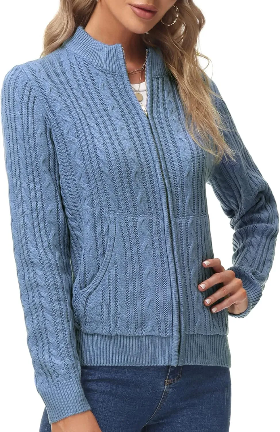 KANCY KOLE Women's Zip Up Cable Knit Sweater Long Sleeve Open Front Cardigan Warm Cardigan with Pockets Outwear Coat
