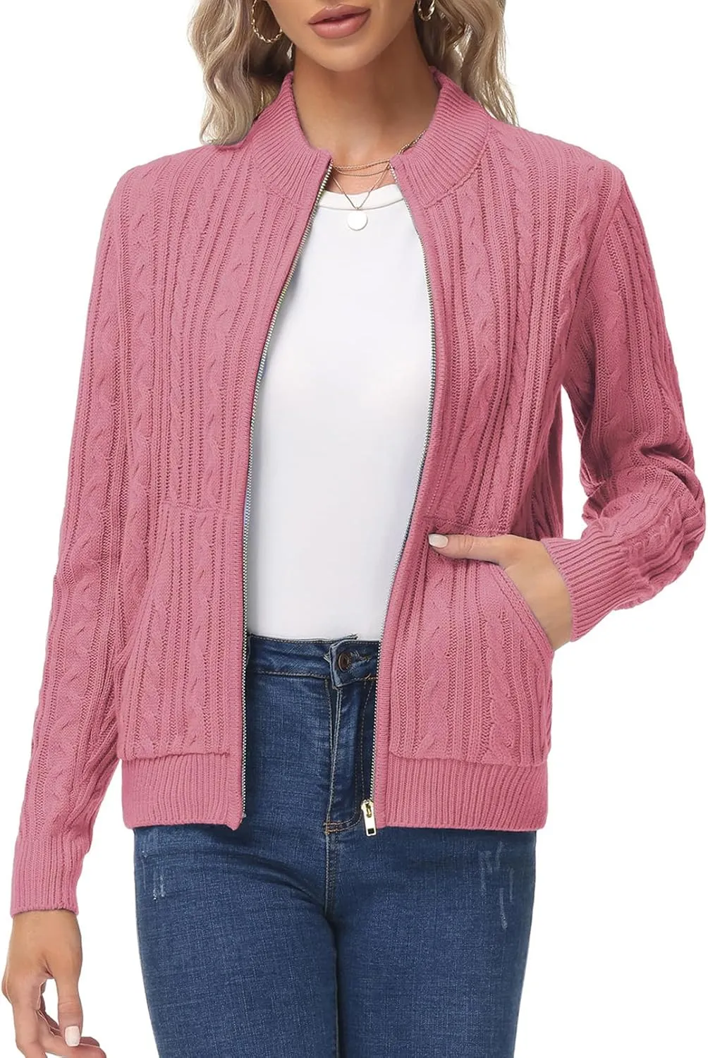 KANCY KOLE Women's Zip Up Cable Knit Sweater Long Sleeve Open Front Cardigan Warm Cardigan with Pockets Outwear Coat