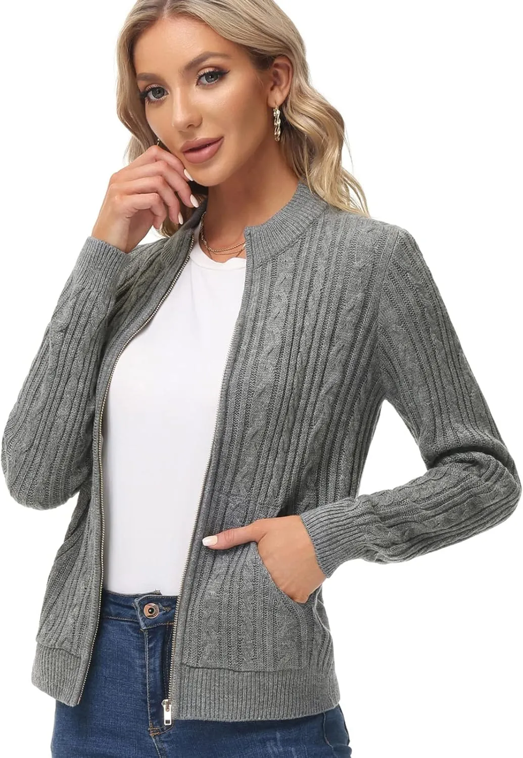 KANCY KOLE Women's Zip Up Cable Knit Sweater Long Sleeve Open Front Cardigan Warm Cardigan with Pockets Outwear Coat