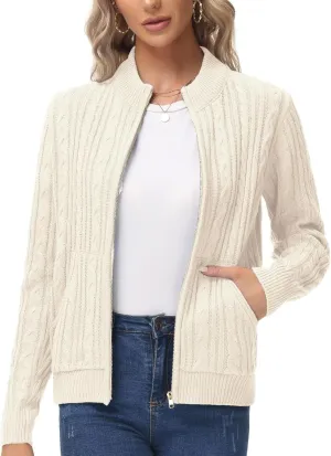 KANCY KOLE Women's Zip Up Cable Knit Sweater Long Sleeve Open Front Cardigan Warm Cardigan with Pockets Outwear Coat
