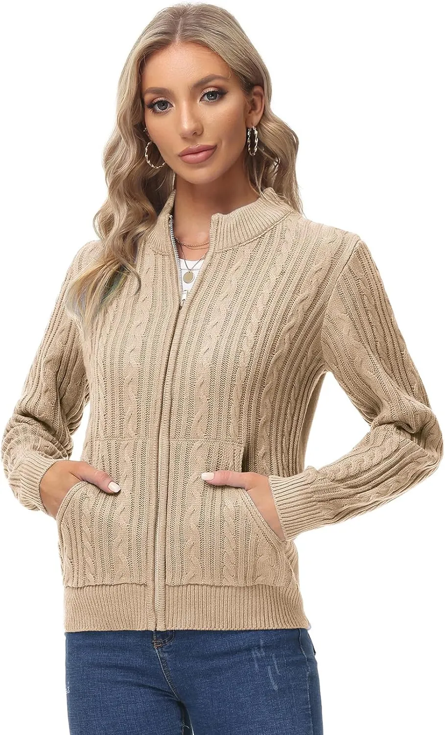 KANCY KOLE Women's Zip Up Cable Knit Sweater Long Sleeve Open Front Cardigan Warm Cardigan with Pockets Outwear Coat