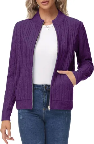 KANCY KOLE Women's Zip Up Cable Knit Sweater Long Sleeve Open Front Cardigan Warm Cardigan with Pockets Outwear Coat