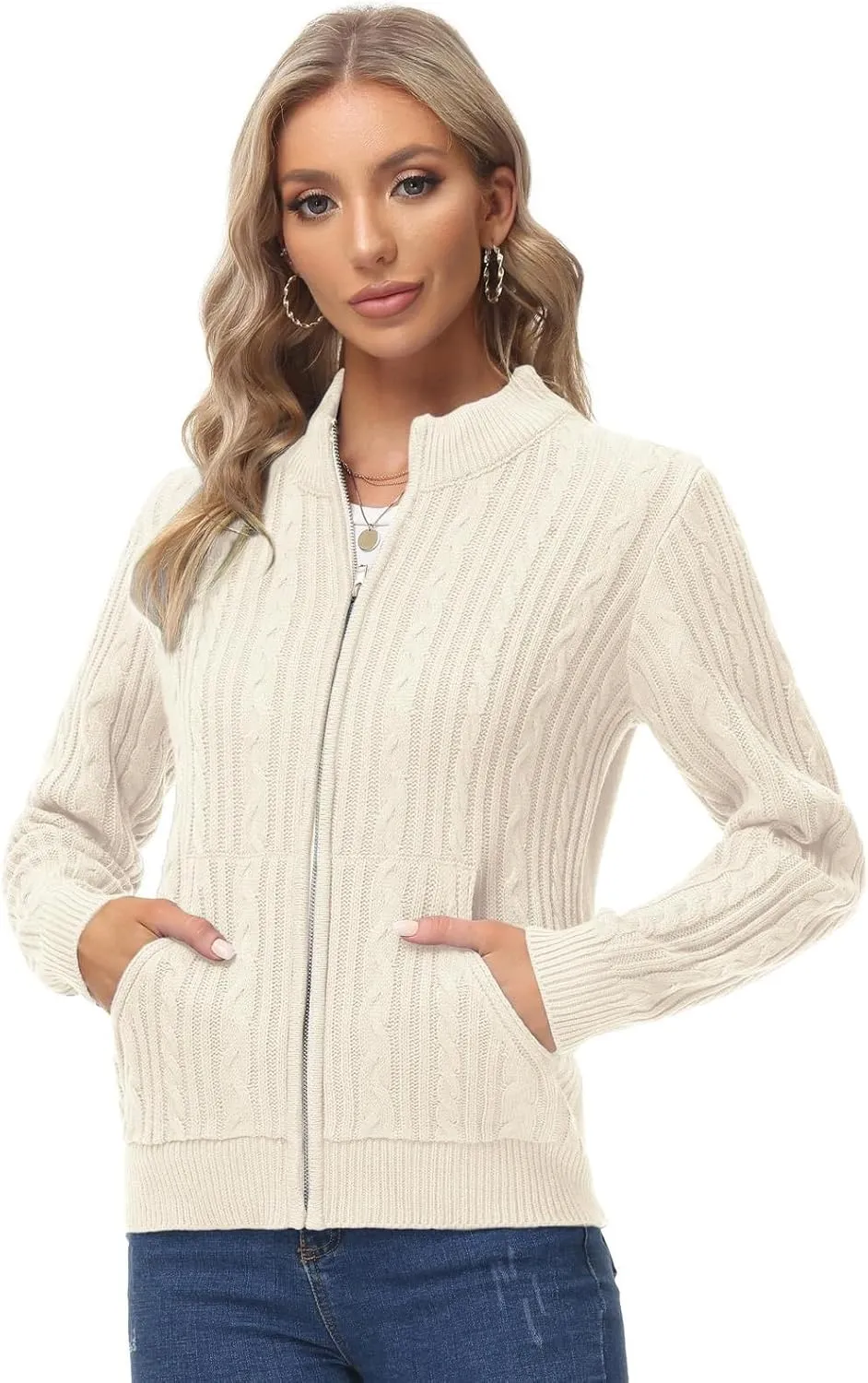 KANCY KOLE Women's Zip Up Cable Knit Sweater Long Sleeve Open Front Cardigan Warm Cardigan with Pockets Outwear Coat