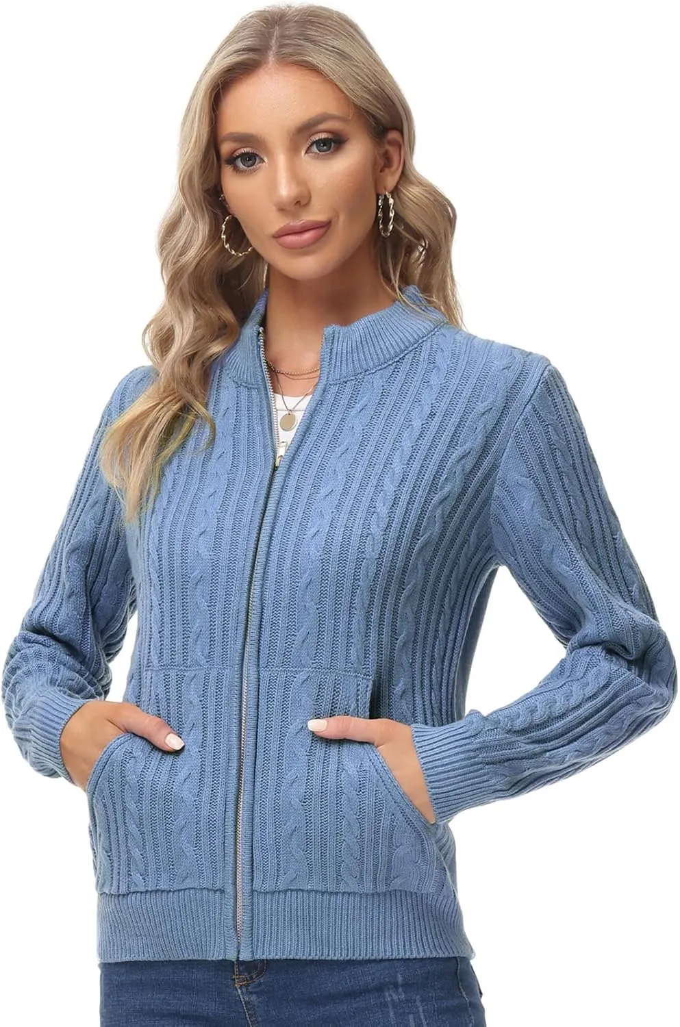KANCY KOLE Women's Zip Up Cable Knit Sweater Long Sleeve Open Front Cardigan Warm Cardigan with Pockets Outwear Coat