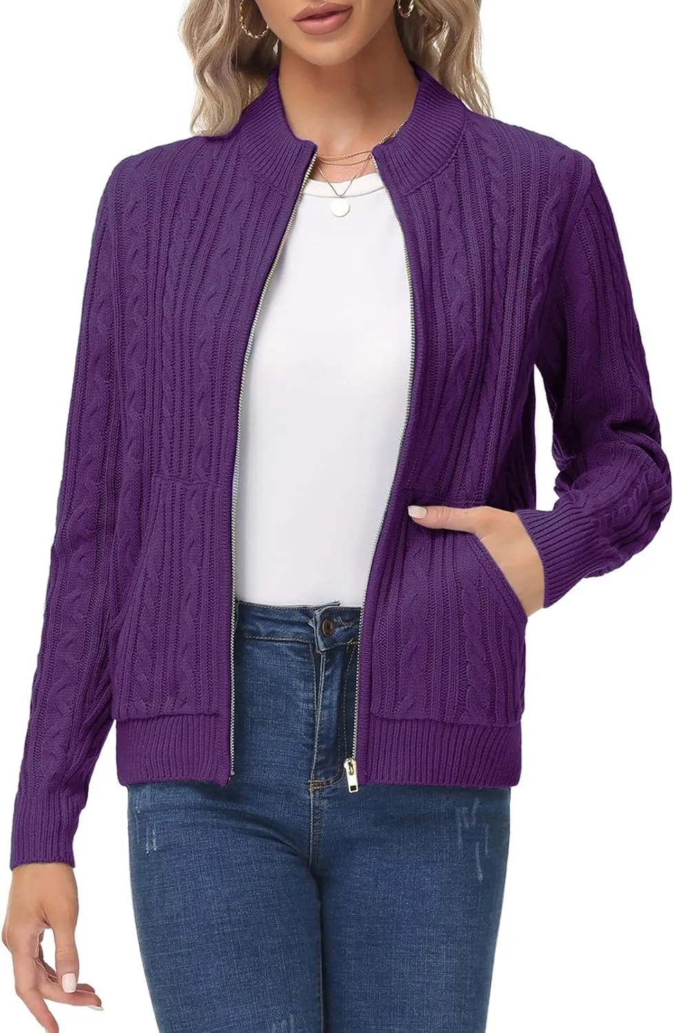 KANCY KOLE Women's Zip Up Cable Knit Sweater Long Sleeve Open Front Cardigan Warm Cardigan with Pockets Outwear Coat