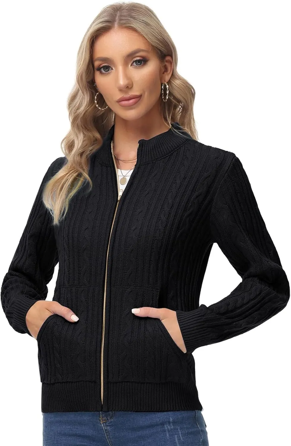 KANCY KOLE Women's Zip Up Cable Knit Sweater Long Sleeve Open Front Cardigan Warm Cardigan with Pockets Outwear Coat