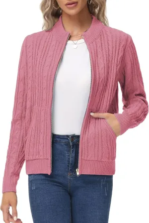 KANCY KOLE Women's Zip Up Cable Knit Sweater Long Sleeve Open Front Cardigan Warm Cardigan with Pockets Outwear Coat