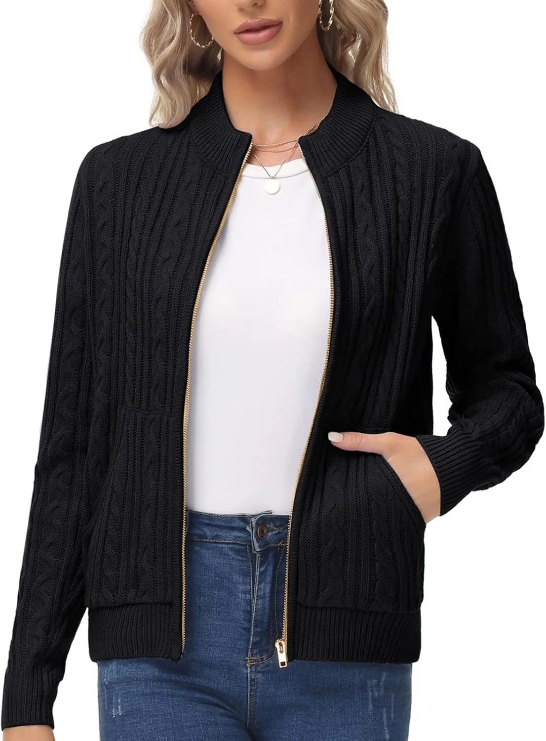 KANCY KOLE Women's Zip Up Cable Knit Sweater Long Sleeve Open Front Cardigan Warm Cardigan with Pockets Outwear Coat