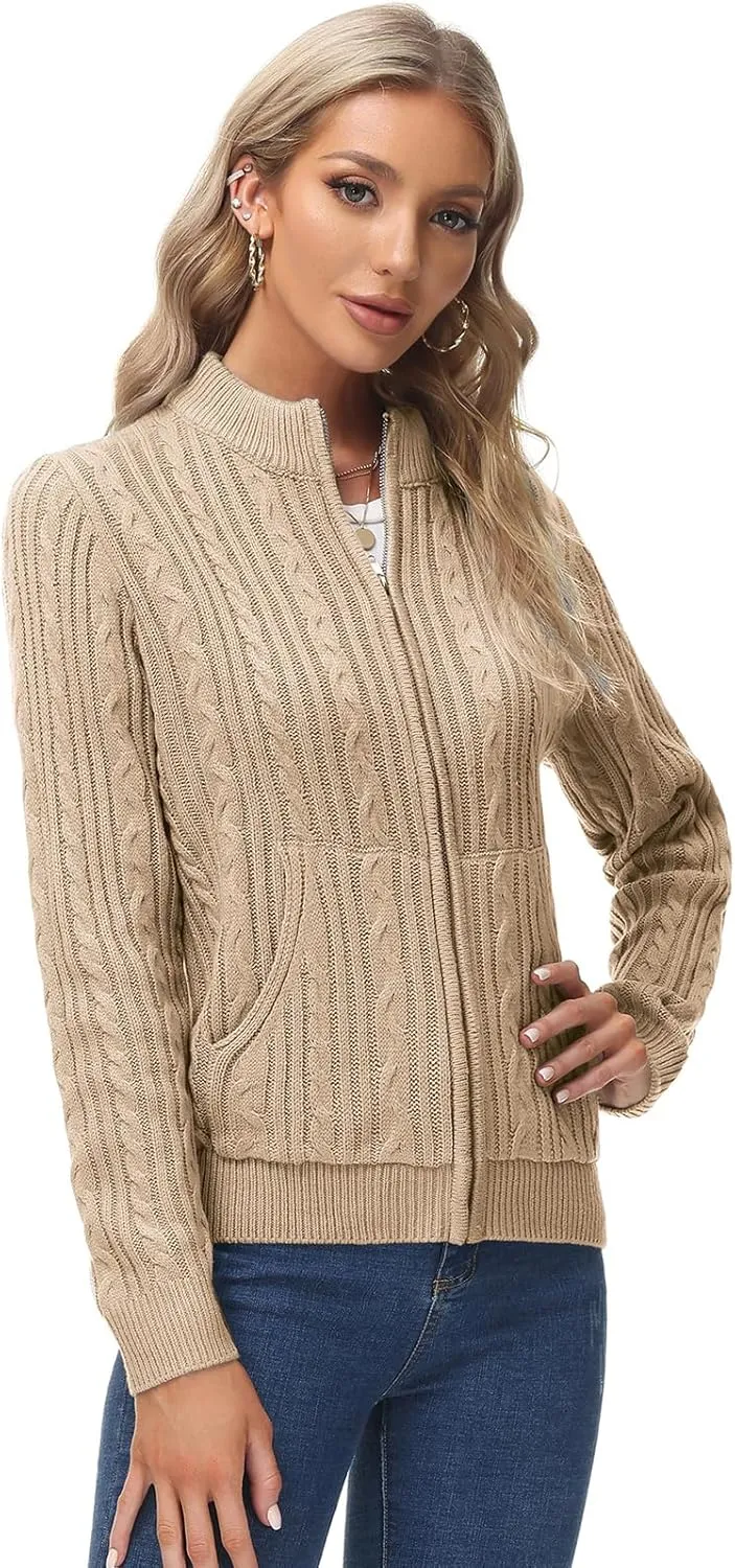 KANCY KOLE Women's Zip Up Cable Knit Sweater Long Sleeve Open Front Cardigan Warm Cardigan with Pockets Outwear Coat