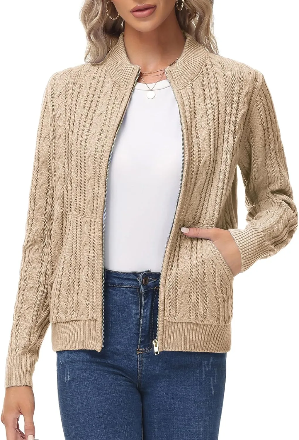 KANCY KOLE Women's Zip Up Cable Knit Sweater Long Sleeve Open Front Cardigan Warm Cardigan with Pockets Outwear Coat