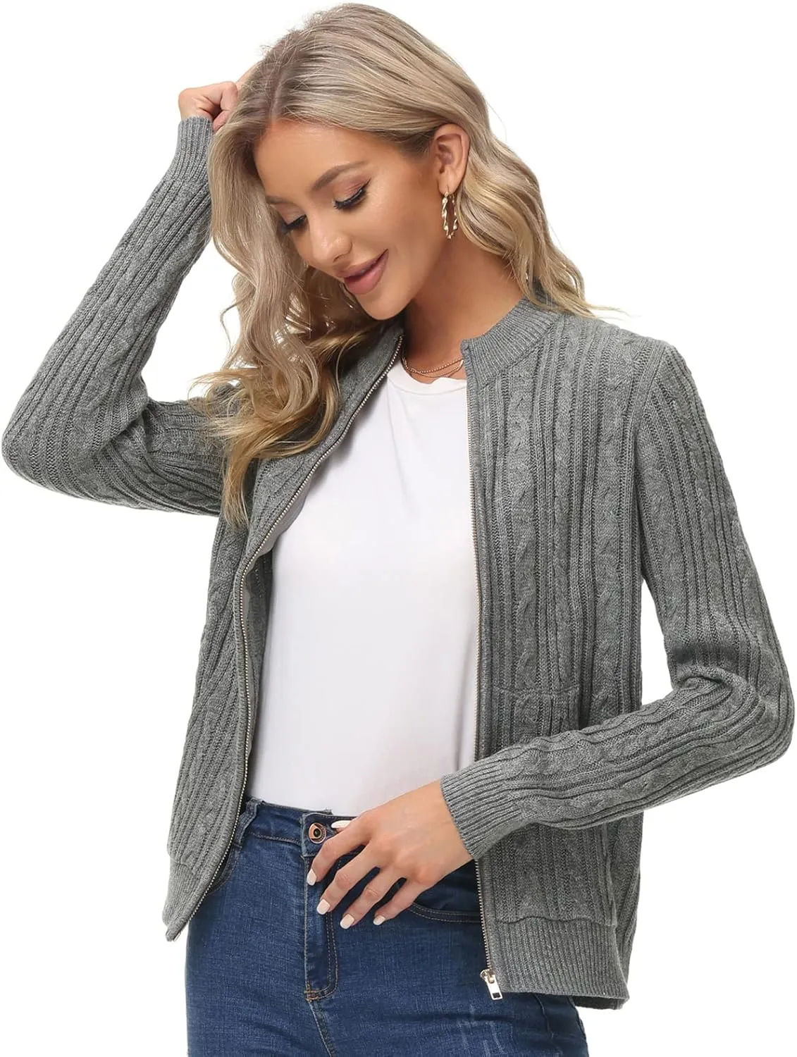 KANCY KOLE Women's Zip Up Cable Knit Sweater Long Sleeve Open Front Cardigan Warm Cardigan with Pockets Outwear Coat