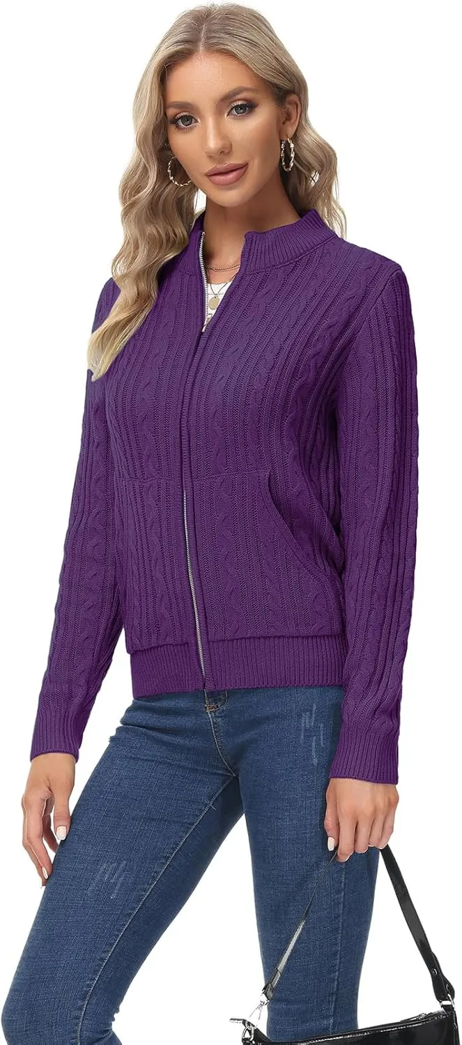 KANCY KOLE Women's Zip Up Cable Knit Sweater Long Sleeve Open Front Cardigan Warm Cardigan with Pockets Outwear Coat