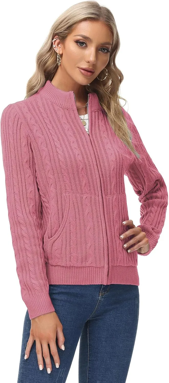 KANCY KOLE Women's Zip Up Cable Knit Sweater Long Sleeve Open Front Cardigan Warm Cardigan with Pockets Outwear Coat