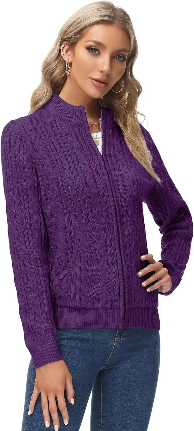 KANCY KOLE Women's Zip Up Cable Knit Sweater Long Sleeve Open Front Cardigan Warm Cardigan with Pockets Outwear Coat
