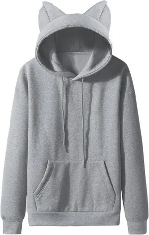 Kawaii Hooded Sweatshirts Cute Cat Ears Hoodies for Men Casual Plain Pullover Drawstring Pocketed Coat Jacket