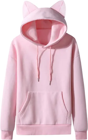 Kawaii Hooded Sweatshirts Cute Cat Ears Hoodies for Men Casual Plain Pullover Drawstring Pocketed Coat Jacket