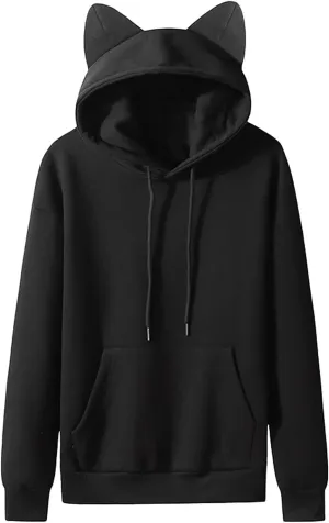 Kawaii Hooded Sweatshirts Cute Cat Ears Hoodies for Men Casual Plain Pullover Drawstring Pocketed Coat Jacket