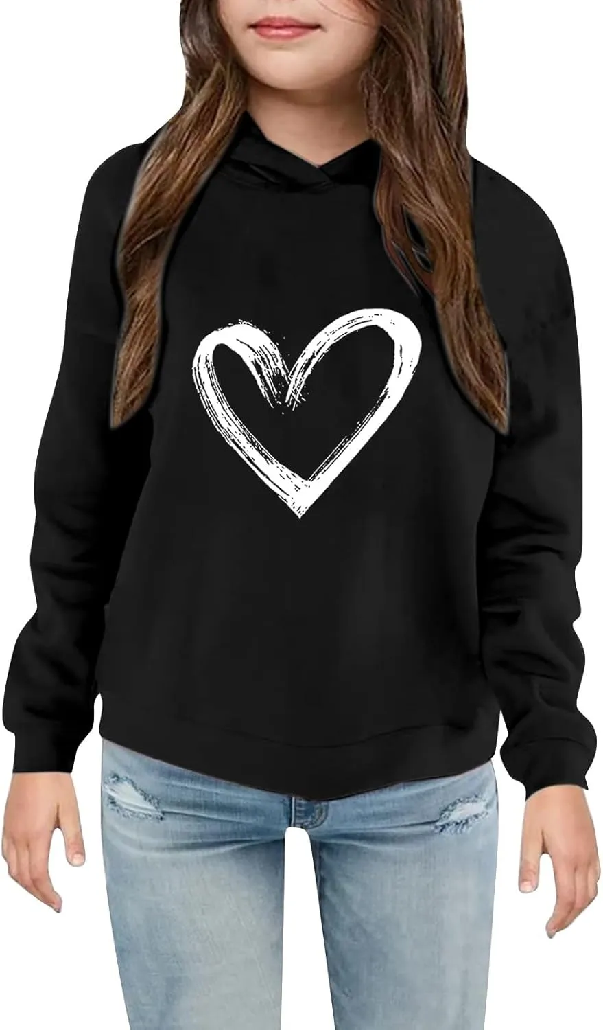 Kids Girl Heart Graphic Print Long Sleeve Hooded Sweatshirt Pullover Tops Y2K Hoodies Teen Fall Winter Clothes