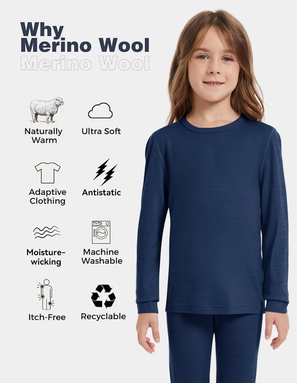 Kids Unisex 100% Merino Wool Base Layer Tops Lightweight Thermal Underwear Shirt