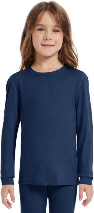 Kids Unisex 100% Merino Wool Base Layer Tops Lightweight Thermal Underwear Shirt