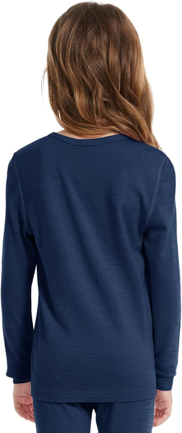Kids Unisex 100% Merino Wool Base Layer Tops Lightweight Thermal Underwear Shirt