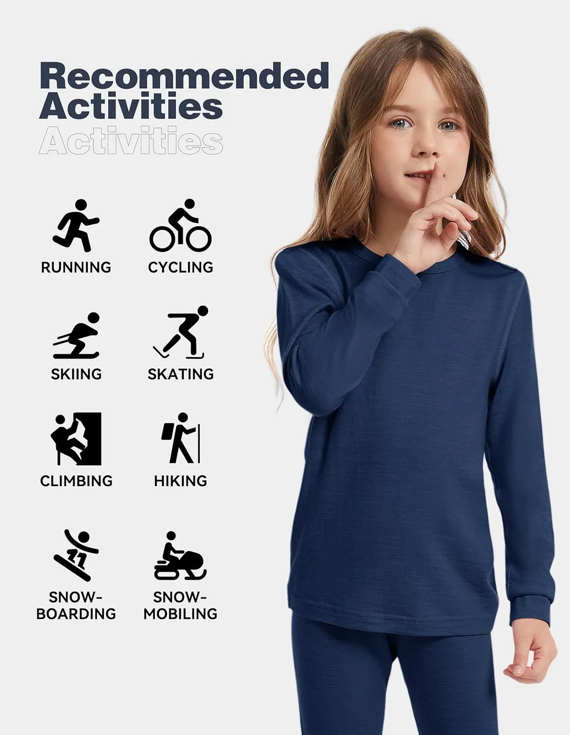 Kids Unisex 100% Merino Wool Base Layer Tops Lightweight Thermal Underwear Shirt