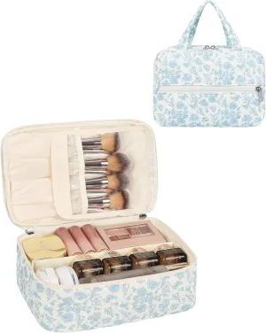 Large Makeup Bag, Travel Cotton Floral Makeup Bag Quilted Cosmetic Bag Gifts for Women Girls Portable Cute Makeup Organizer Bag With Removable Divide and Makeup Brush Compartment