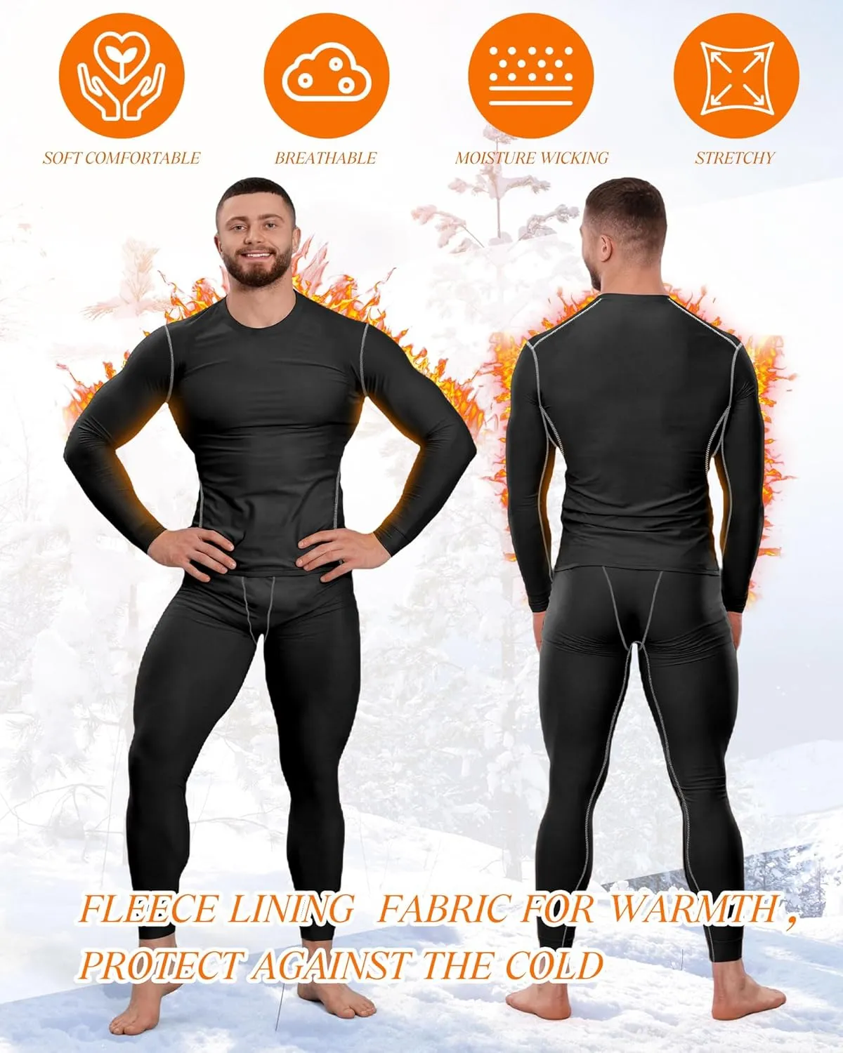 Liitrsh 4 Sets Thermal Underwear Set for Men Sport Long Underwear Fleece Lined Base Layer Quick Dry Top Bottom for Hunting