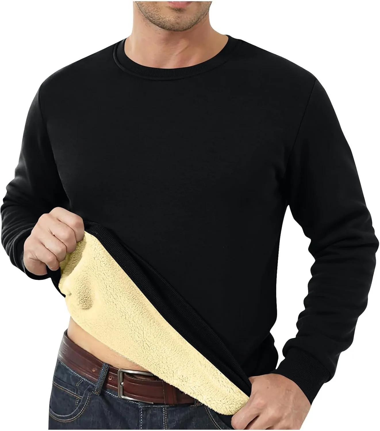 Long Sleeve Shirts for Men Fleece Crewneck Plus Size Sweatshirt Plain Sherpa Lined Thermal Pullover Winter Warm Shirt