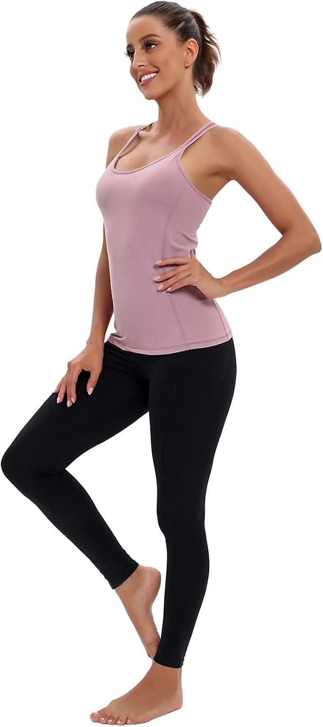 MATHACINO Yoga Tank Tops for Women with Built in Bra Workout Tops Yoga Shirts Athletic Camisole Longline Sports Bra Tanks