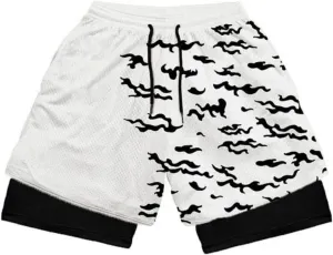 Mens 2 in 1 Anime Gym Shorts Running Shorts 2 in 1 Quick Dry Workout Athletic Shorts with Pockets