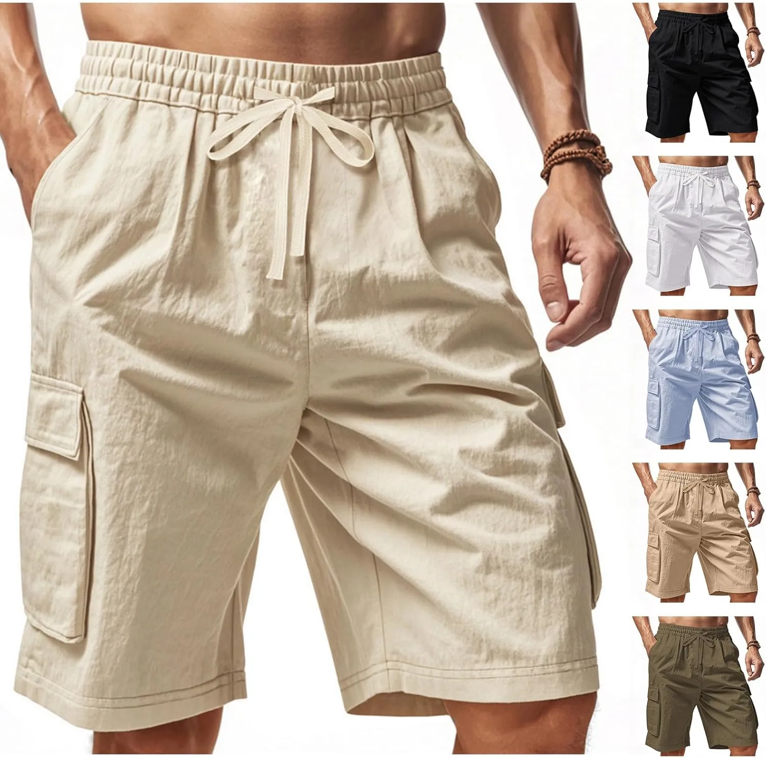 Mens Casual Cargo Shorts Elastic Waist Drawstring Tactical Shorts with Multiple Pockets for Outdoor Joggers Hiking