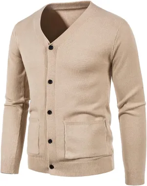 Mens Casual Knitted Sweaters Button Down V Neck Long Sleeve Vintage Plain Cardigan Slim Fit Warm Sweater