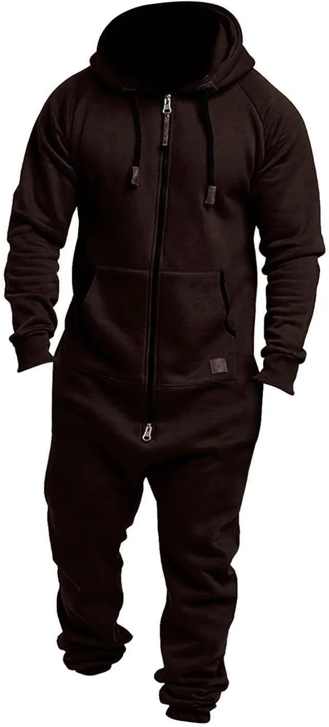 Men's Fleece Sweatshirts Hooded Zipper Jumpsuit Solid Color Matching Casual Suit Jumpsuit with Pocket