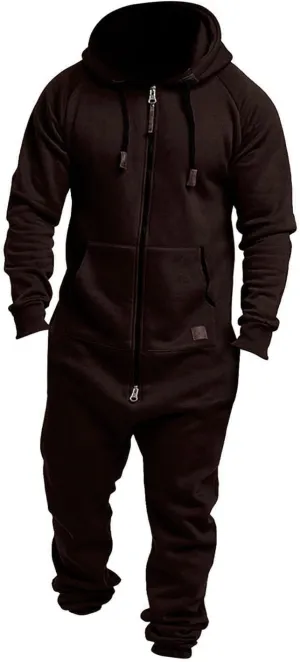 Men's Fleece Sweatshirts Hooded Zipper Jumpsuit Solid Color Matching Casual Suit Jumpsuit with Pocket