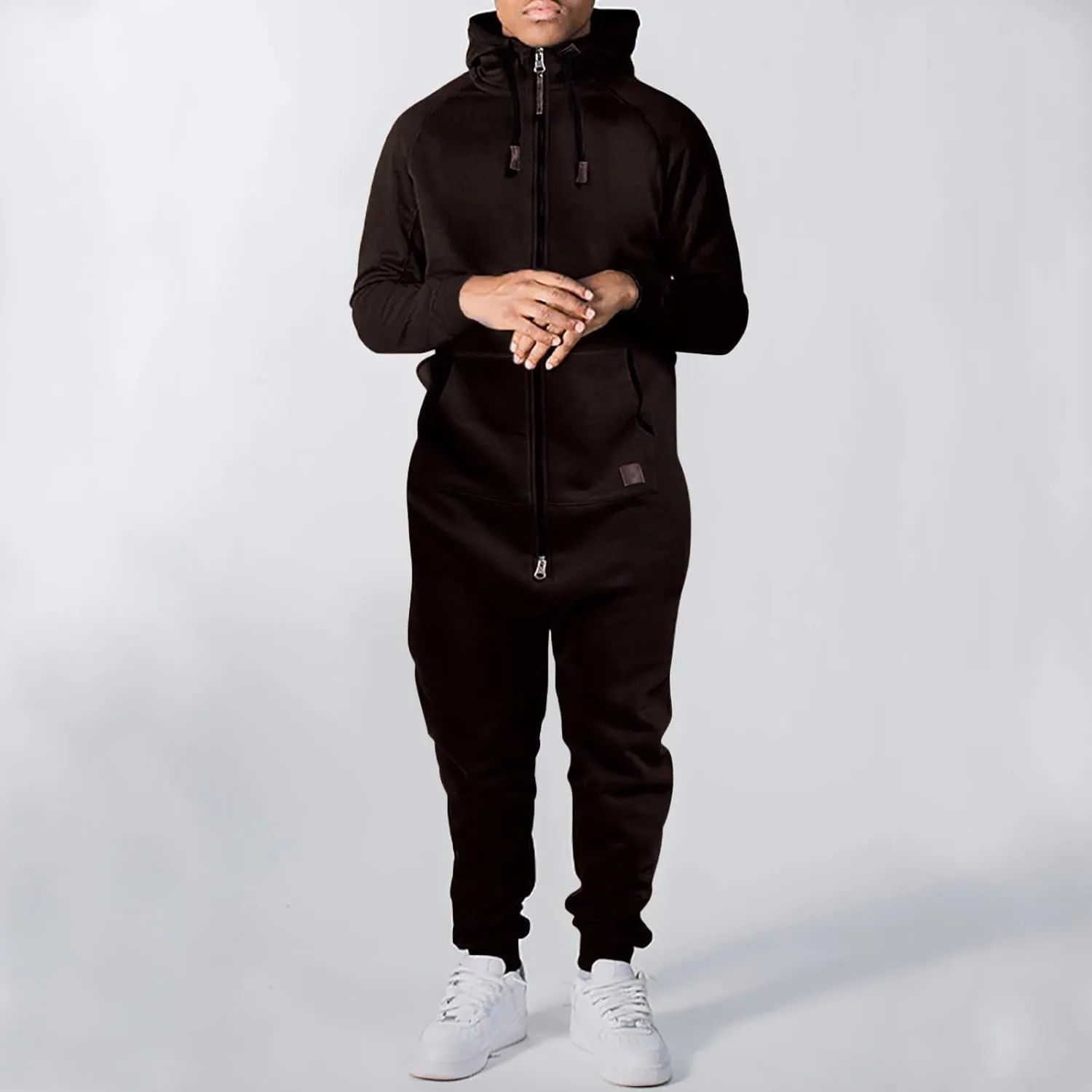 Men's Fleece Sweatshirts Hooded Zipper Jumpsuit Solid Color Matching Casual Suit Jumpsuit with Pocket