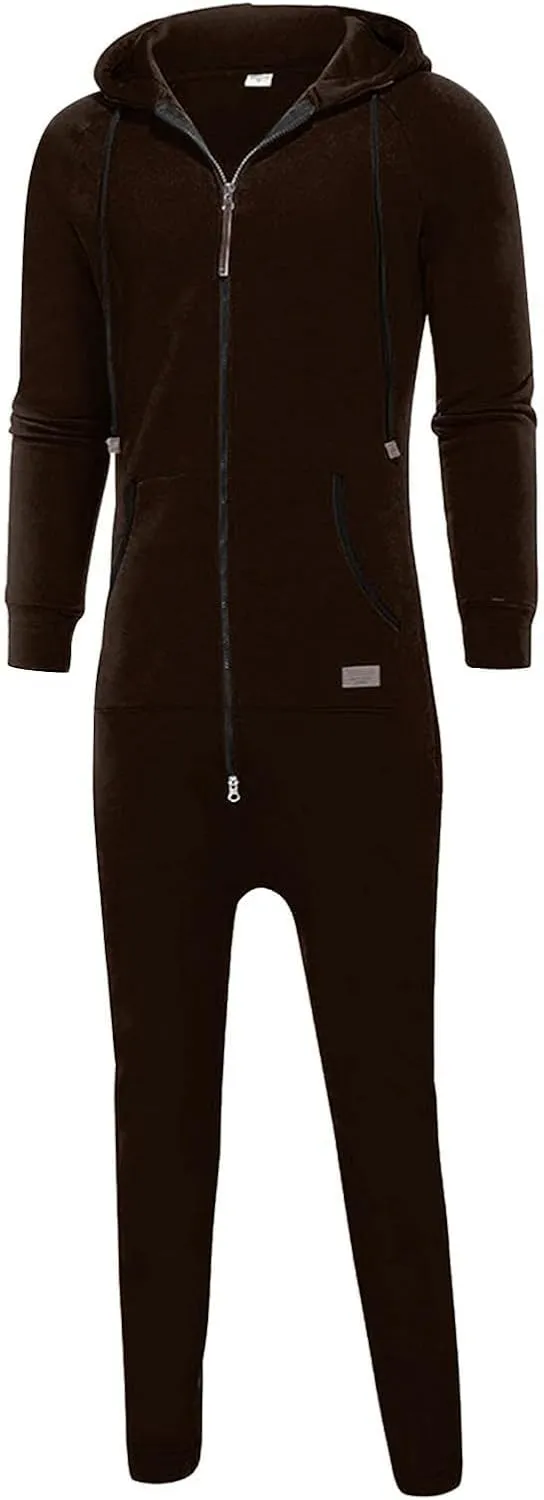 Men's Fleece Sweatshirts Hooded Zipper Jumpsuit Solid Color Matching Casual Suit Jumpsuit with Pocket