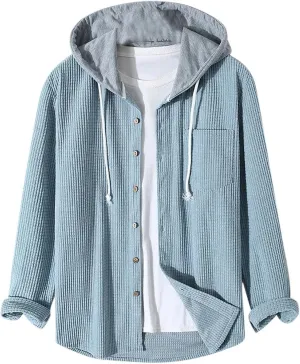 Mens Padded Waffle Jackets Hooded Button Down Cardigan Casual Long Sleeve Coats Fashion Sweatshirts Fall Tops