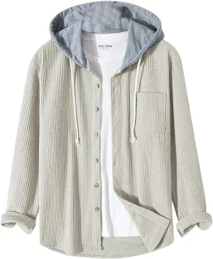 Mens Padded Waffle Jackets Hooded Button Down Cardigan Casual Long Sleeve Coats Fashion Sweatshirts Fall Tops