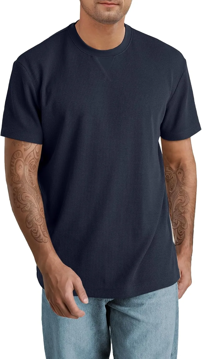 Men's T-Shirt Casual Knit Short Sleeve Shape-Resistant Crewneck Waffle Textured Solid Color Cotton Knitted Tees