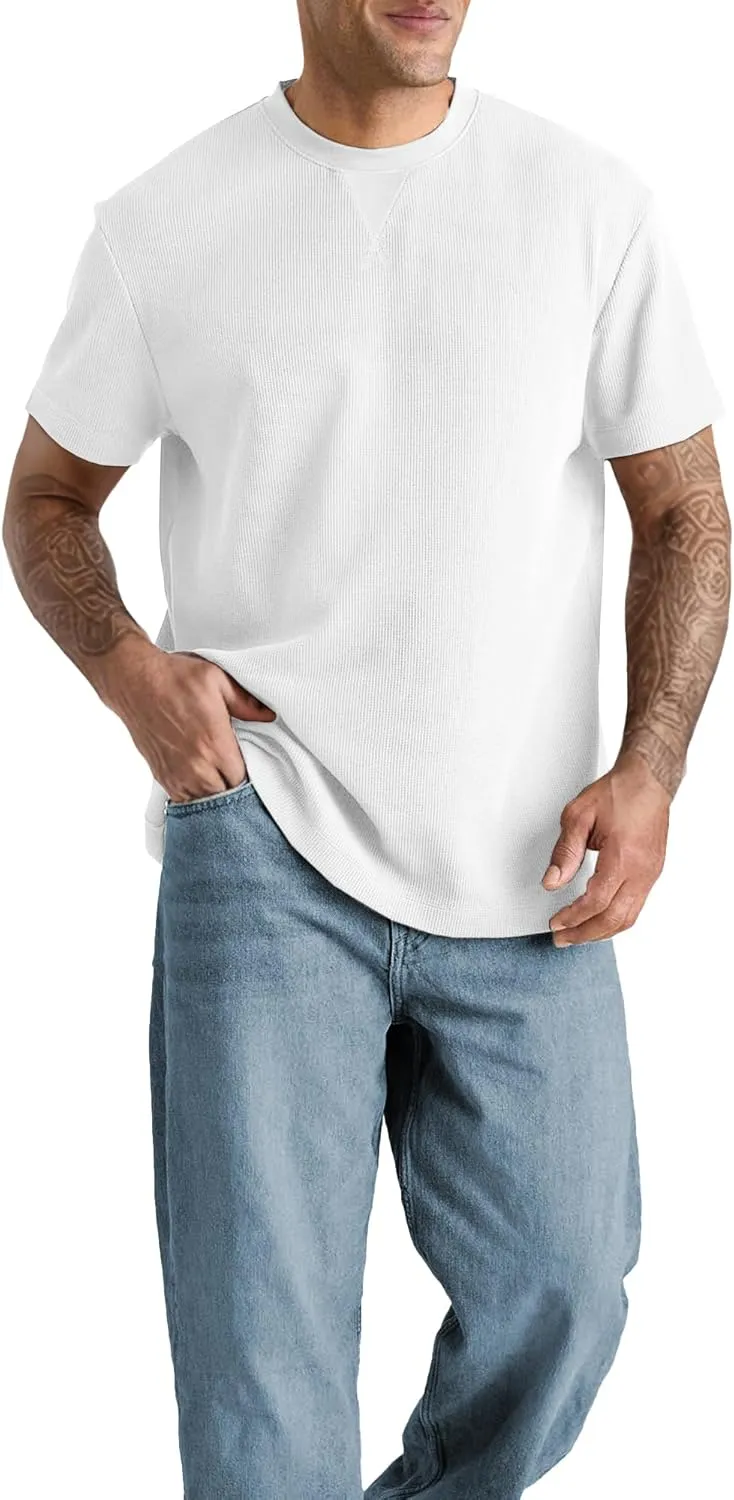 Men's T-Shirt Casual Knit Short Sleeve Shape-Resistant Crewneck Waffle Textured Solid Color Cotton Knitted Tees