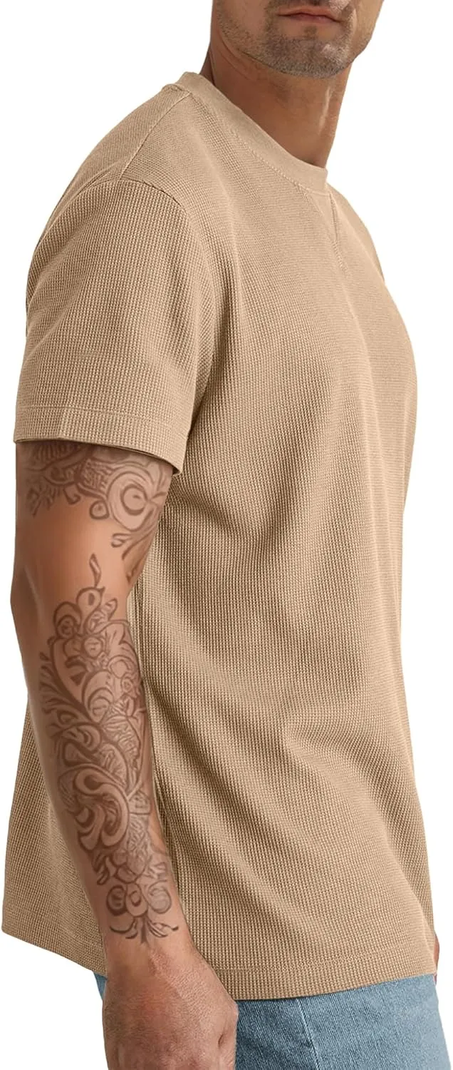 Men's T-Shirt Casual Knit Short Sleeve Shape-Resistant Crewneck Waffle Textured Solid Color Cotton Knitted Tees