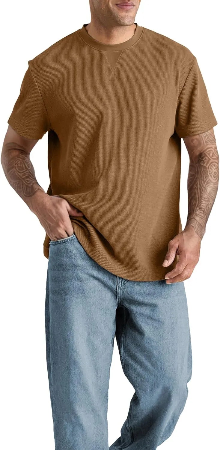 Men's T-Shirt Casual Knit Short Sleeve Shape-Resistant Crewneck Waffle Textured Solid Color Cotton Knitted Tees
