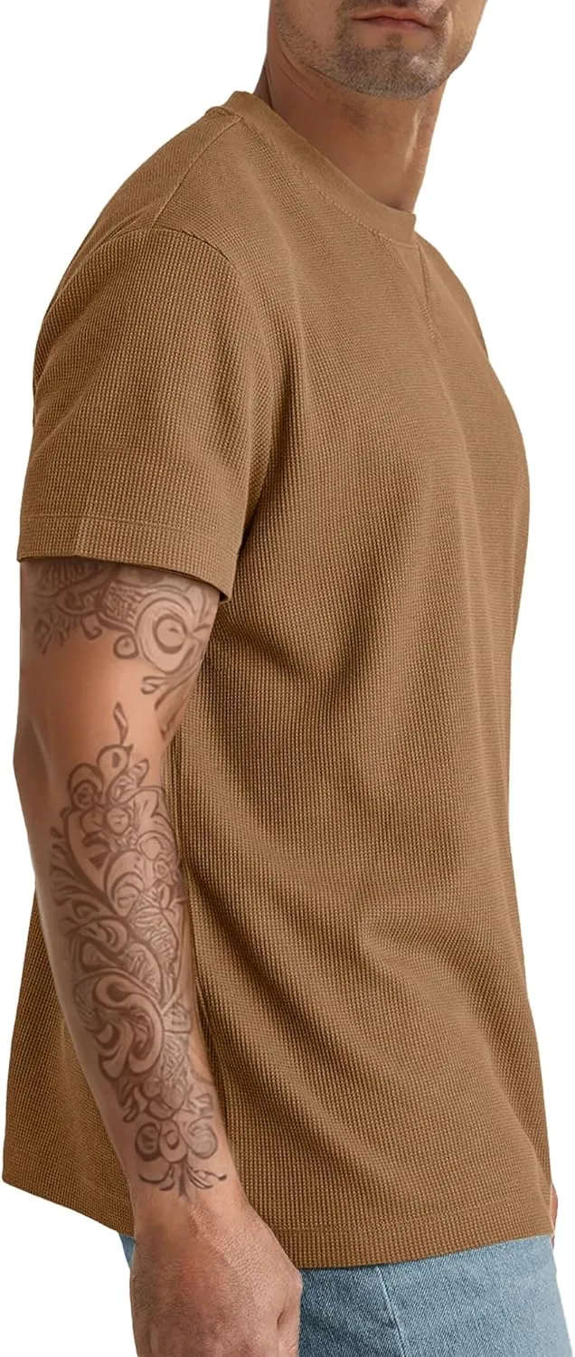 Men's T-Shirt Casual Knit Short Sleeve Shape-Resistant Crewneck Waffle Textured Solid Color Cotton Knitted Tees