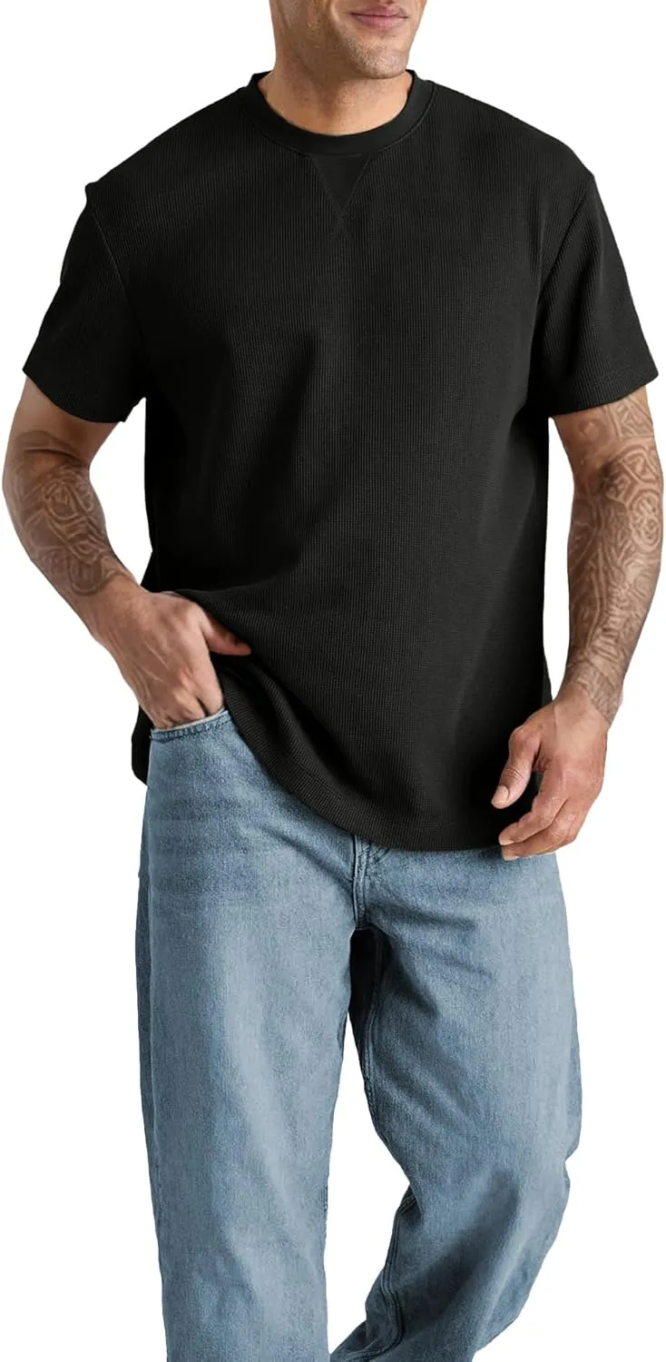 Men's T-Shirt Casual Knit Short Sleeve Shape-Resistant Crewneck Waffle Textured Solid Color Cotton Knitted Tees